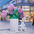 Scenic Photo Check-in Spot With Giant Pink Heart-shaped Flowers White Vase And Rabbit Sculpture