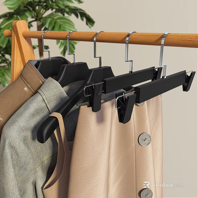 Black Hangers With Clips Hanging Coat Pants And Clothes On Wooden Rack 3d model 