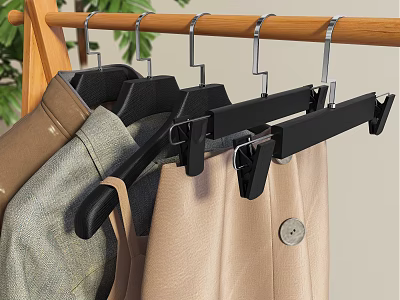 Black Hangers With Clips Hanging Coat Pants And Clothes On Wooden Rack 3d model