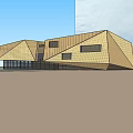 Modern Geometric Architecture With Wooden Facade Mountain View Water Reflection And Visitors