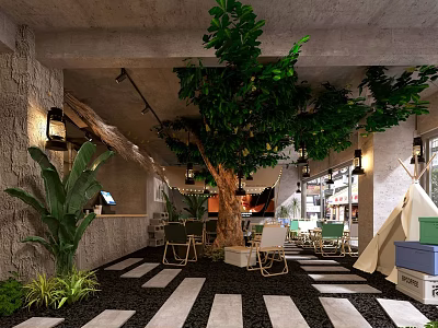 Cozy Café Interior Design With Large Tree Green Plants And Concrete Walls 3d model