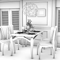 Wooden Dining Table And Chairs With Tableware Green Plant Dark Wood Walls And Chandelier