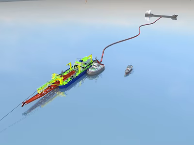 Offshore Engineering Vessel With Red Pipeline And Support Boats On Water 3d model