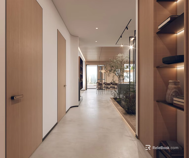 Modern Entryway Hallway Interior With Wooden Doors Concrete Floor Built in Shelves And Track Lighting 3d model 