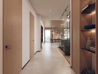 Modern Entryway Hallway Interior With Wooden Doors Concrete Floor Built in Shelves And Track Lighting 3d model