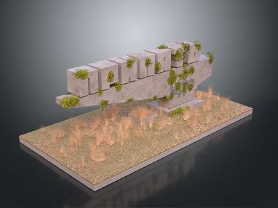 Detailed Concrete Structure Model with Green Plants on Dry Grass Base 3d model