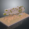 Detailed Concrete Structure Model with Green Plants on Dry Grass Base