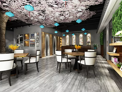 Shop Front Desk Interior with Cherry Blossom Decoration Blue Lanterns and Green Plants 3d model