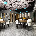 Shop Front Desk Interior with Cherry Blossom Decoration Blue Lanterns and Green Plants