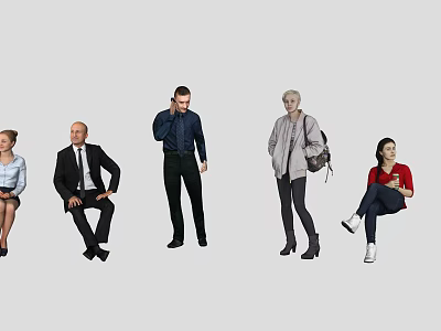 Group of Diverse People in Various Poses Sitting and Standing with Different Outfits 3d model