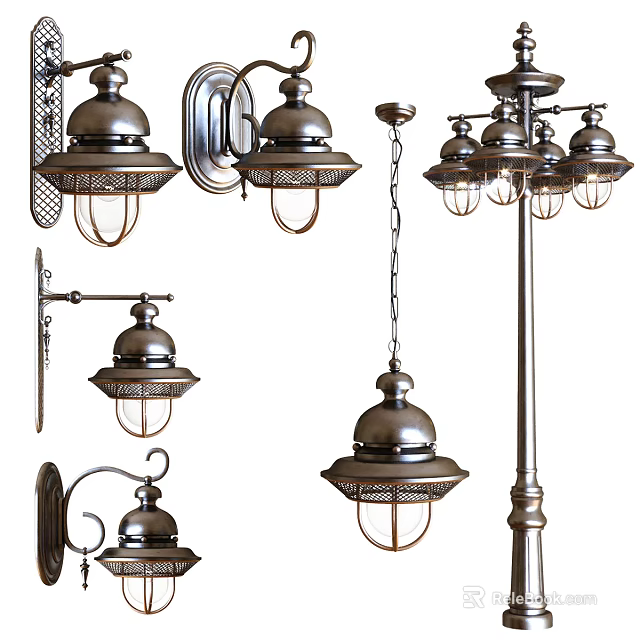 Vintage Industrial Style Metal Lighting Fixtures Set With Wall Sconces Pendant Lights And Street Lamp 3d model 