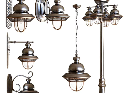 Vintage Industrial Style Metal Lighting Fixtures Set With Wall Sconces Pendant Lights And Street Lamp 3d model