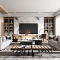 Modern Luxury Living Room Interior With Marble Accent Wall Large TV Bookshelves And Coffee Table