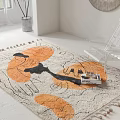 Square Area Rug with Orange Beige Abstract Pattern Tasseled Edges White Chair Books Round Mirror