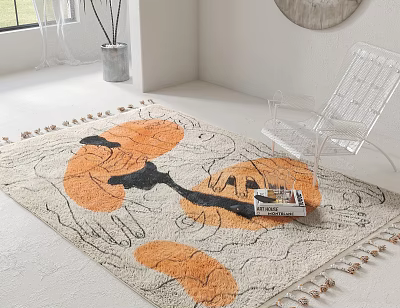 Square Area Rug with Orange Beige Abstract Pattern Tasseled Edges White Chair Books Round Mirror 3d model