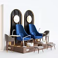 Blue Leisure Chairs In Interior With Arched Gold Framed Windows Round Mirrors Gray Side Chairs