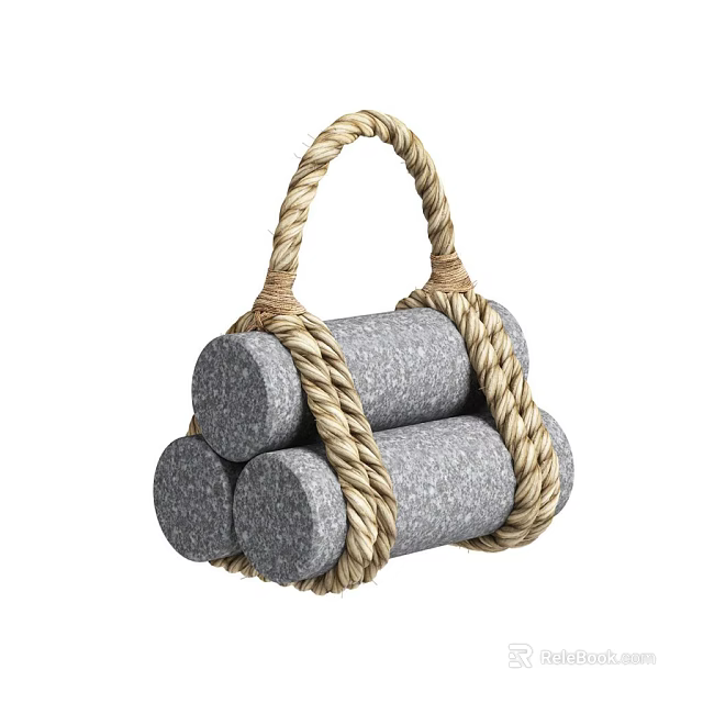 Three Gray Cylindrical Stones Bound With Jute Rope And Handle For Decorative Household Item 3d model 