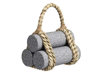 Three Gray Cylindrical Stones Bound With Jute Rope And Handle For Decorative Household Item 3d model