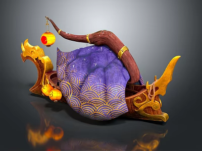 Cartoon Dragon Boat With Wooden Structure Purple Cloth Gold Wave Pattern And Yellow Lanterns 3d model