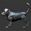 Standing Robotic Dog With Silver Blue Metallic Body Mechanical Legs And Yellow Eyes