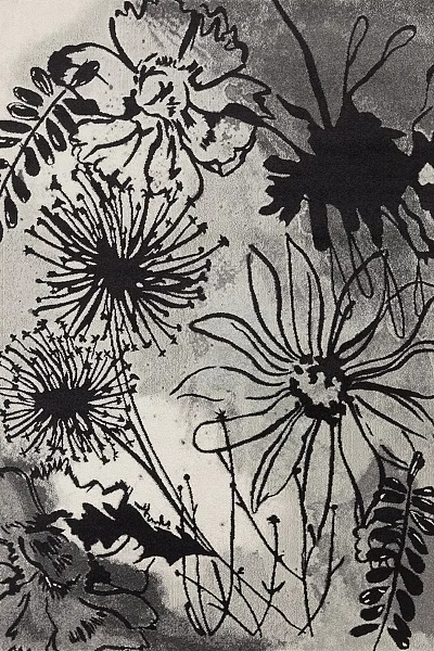 Square Area Rug Featuring Artistic Black Floral Patterns On Light Colored Background 3d model