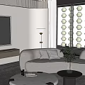 Modern Living Room Interior Design With Large Windows TV Wall Gray Sofa And Coffee Tables