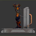 Orange Armored Robot Character Standing On Metal Platform With Mechanical Structure