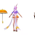 Game Movie Character With Bunny Ears Long Hair Purple Top Orange Skirt Ice Cream Umbrella