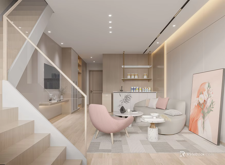Modern Apartment Interior With Staircase Living Area Light Colored Sofa Pink Chair And Coffee Table 3d model 