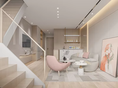 Modern Apartment Interior With Staircase Living Area Light Colored Sofa Pink Chair And Coffee Table 3d model