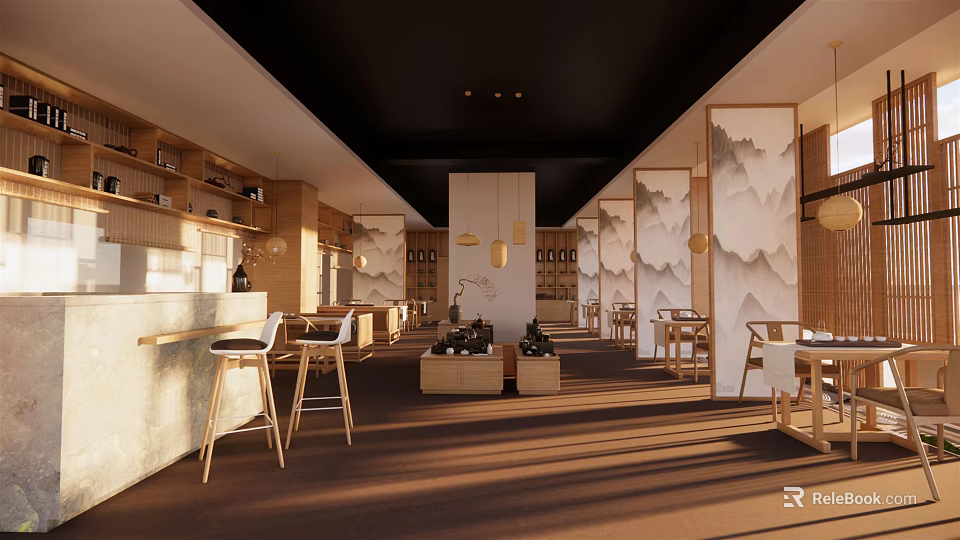 Modern Teahouse Interior Design With Wooden Elements Hanging Lamps And Mountain Pattern Screens 3d model 