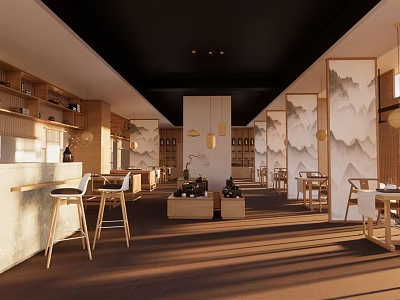 Modern Teahouse Interior Design With Wooden Elements Hanging Lamps And Mountain Pattern Screens 3d model