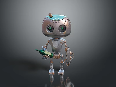 Cartoon Style Metallic Robot With Green Eyes Holding Green Bottle And Mechanical Structure 3d model