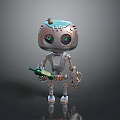 Cartoon Style Metallic Robot With Green Eyes Holding Green Bottle And Mechanical Structure