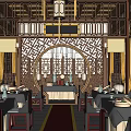 Traditional Chinese Banquet Hall Interior With Chandeliers Screens And Red Carpet