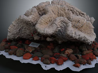 Large Natural Coral Specimen With Colorful Stones And Small Tag On Display Base 3d model