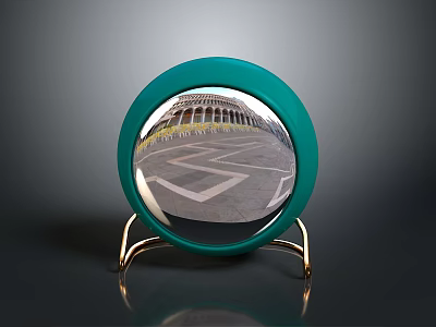 Green Circular Decorative Mirror With Gold Metal Stand And Reflective Surface 3d model