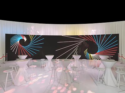 Modern Banquet Hall With White Round Bar Tables And Colorful Radial Pattern Backdrop 3d model