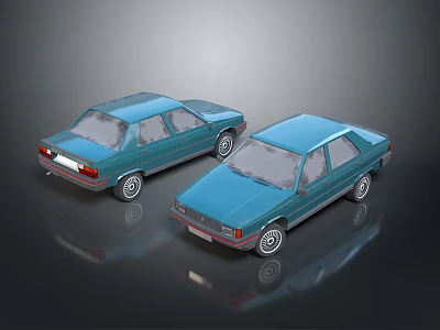 Two Classic Blue Sedans Parked On Dark Reflective Surface With Retro Design 3d model