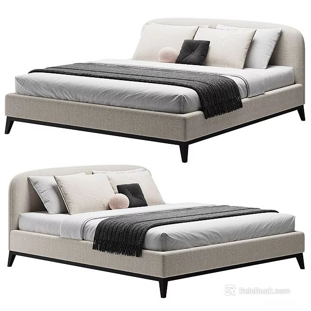 Modern Upholstered Double Bed With Curved Headboard Pillows And Throw Blanket 3d model