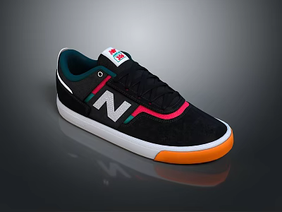 Stylish Black Sneakers With Green And Pink Stripes White Logo Orange Toe And White Sole 3d model