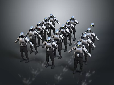 Group of Robotic Warriors In Silver Black Armor Standing In Formation 3d model