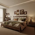 Cozy Natural Bedroom Interior With Wooden Bed Decorative Paintings Nightstands Table Lamp Wardrobe And Bookshelf