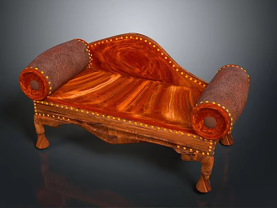 Classic Wooden Sofa with Leather Rolled Armrests Rivet Details and Natural Wood Grain 3d model