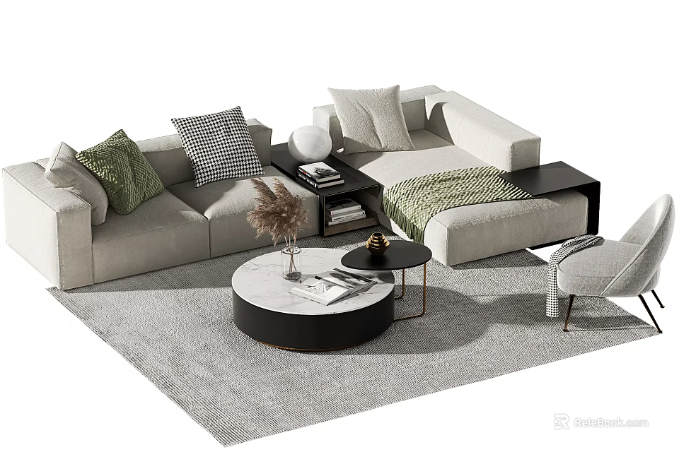 Modern Light Upholstered Sofa And Coffee Table Set With Decorative Pillows Round Table And Rug 3d model