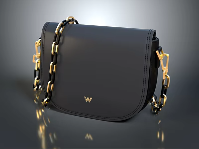 Black Leather Crossbody Bag With Gold Chain And W Logo Design 3d model