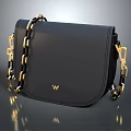 Black Leather Crossbody Bag With Gold Chain And W Logo Design