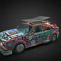 Vibrant Modified Car With Colorful Graffiti Art Street Style Design And Roof Mounted Device