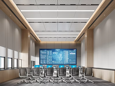 Modern Office Interior With Ergonomic Chairs Large Digital Screens Wooden Accents And Ceiling Lighting 3d model