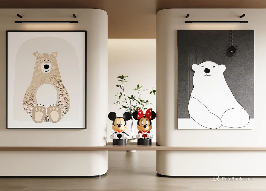 Adorable Bear And Polar Bear Animal Paintings Hanging On Wall In Modern Interior 3d model 